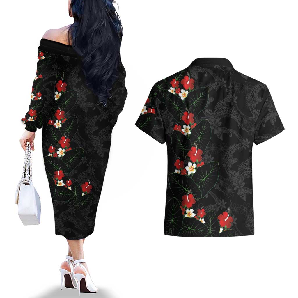 Hawaiian Taro Leaves-Hibiscus and Plumeria Couples Matching Off The Shoulder Long Sleeve Dress and Hawaiian Shirt Floral Tribal Tattoo Motif