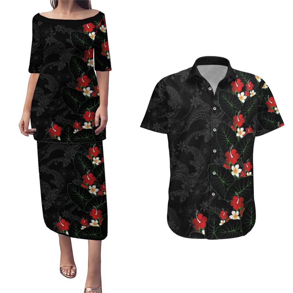 Hawaiian Taro Leaves-Hibiscus and Plumeria Couples Matching Puletasi and Hawaiian Shirt Floral Tribal Tattoo Motif LT03 Black - Polynesian Pride