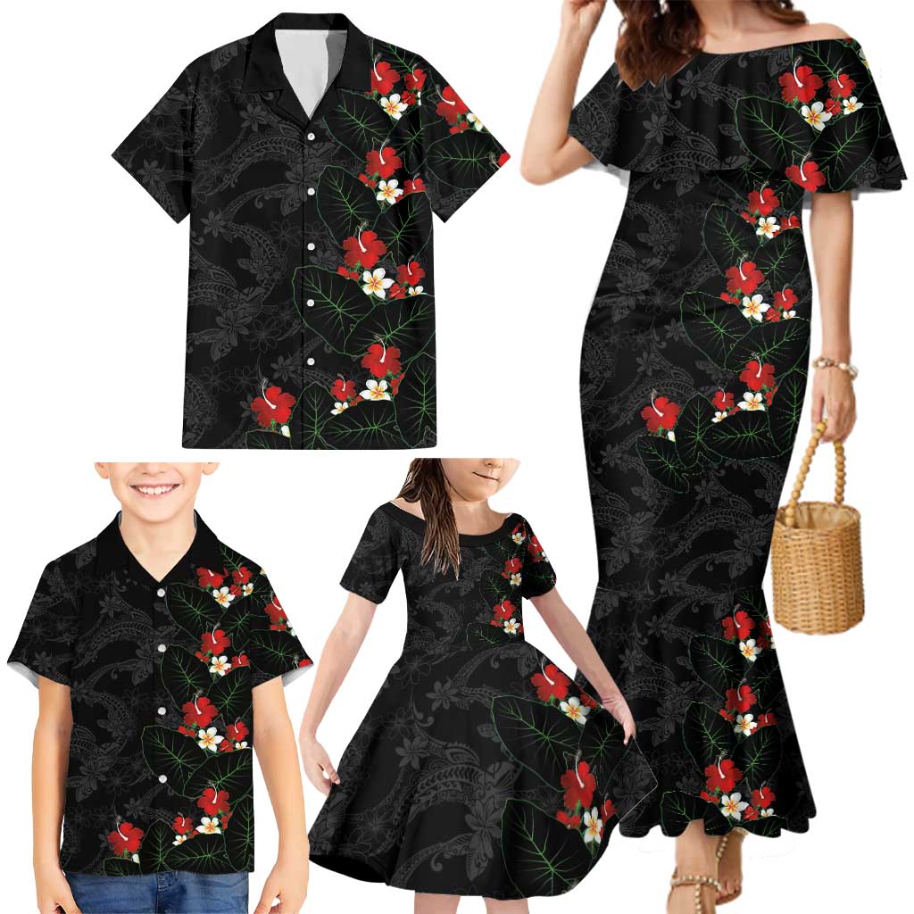 Hawaiian Taro Leaves-Hibiscus and Plumeria Family Matching Mermaid Dress and Hawaiian Shirt Floral Tribal Tattoo Motif