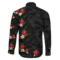 Hawaiian Taro Leaves-Hibiscus and Plumeria Family Matching Off The Shoulder Long Sleeve Dress and Hawaiian Shirt Floral Tribal Tattoo Motif LT03 - Polynesian Pride