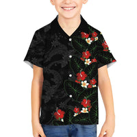 Hawaiian Taro Leaves-Hibiscus and Plumeria Family Matching Off Shoulder Maxi Dress and Hawaiian Shirt Floral Tribal Tattoo Motif LT03 Son's Shirt Black - Polynesian Pride