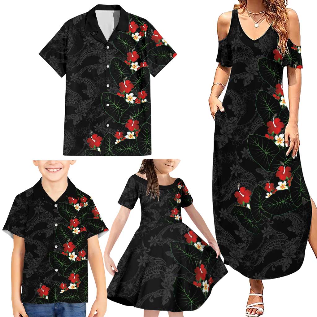 Hawaiian Taro Leaves-Hibiscus and Plumeria Family Matching Summer Maxi Dress and Hawaiian Shirt Floral Tribal Tattoo Motif