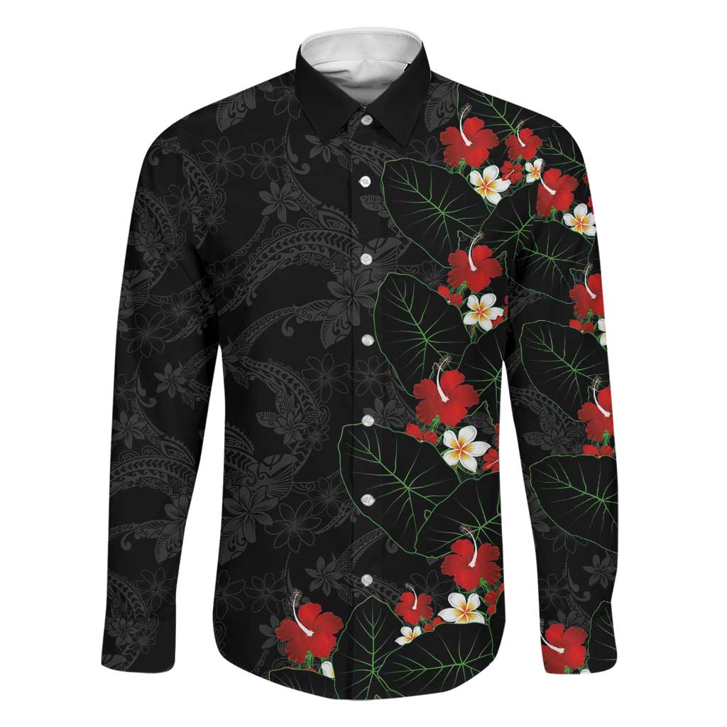 Hawaiian Taro Leaves-Hibiscus and Plumeria Family Matching Tank Maxi Dress and Hawaiian Shirt Floral Tribal Tattoo Motif LT03 Dad's Shirt - Long Sleeve Black - Polynesian Pride