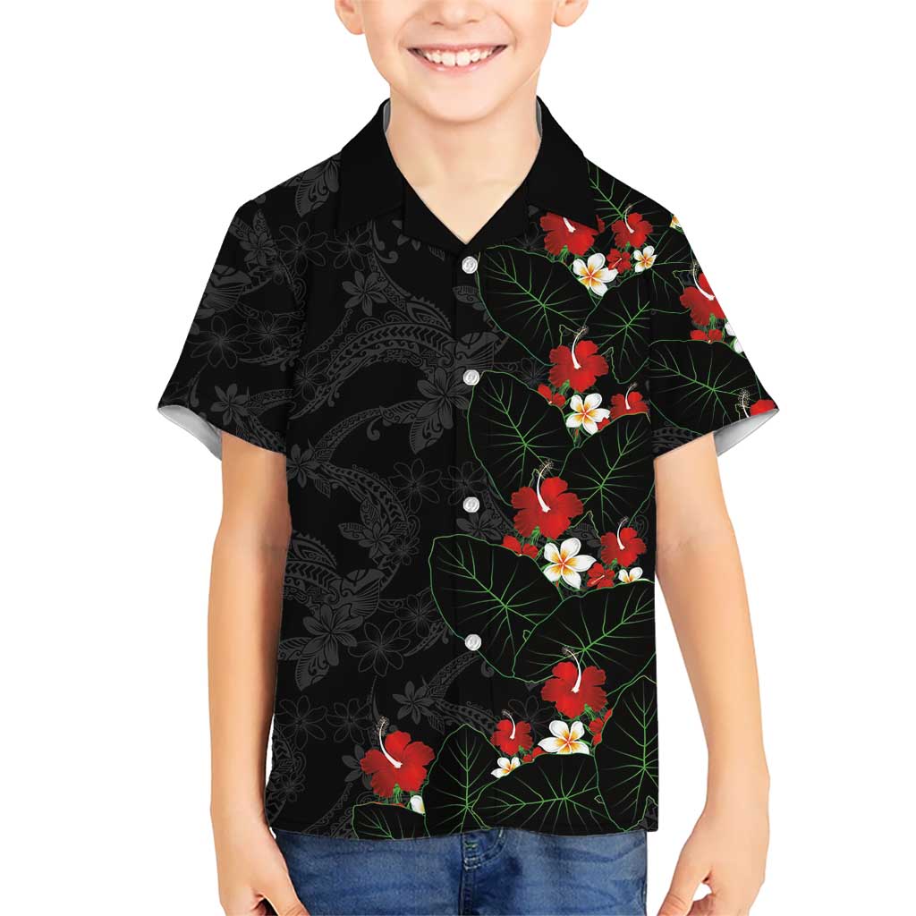 Hawaiian Taro Leaves-Hibiscus and Plumeria Kid Hawaiian Shirt Floral Tribal Tattoo Motif