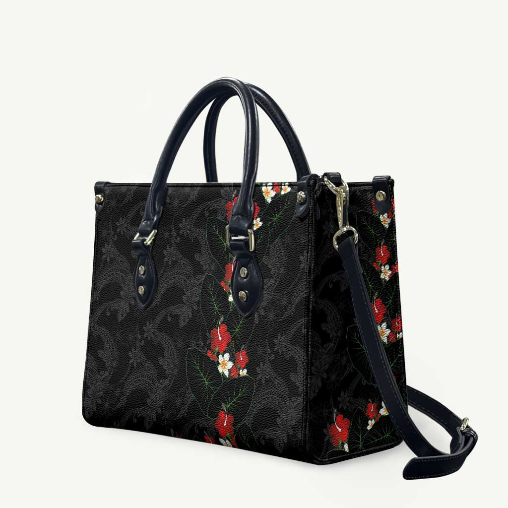 Hawaiian Taro Leaves-Hibiscus and Plumeria Leather Bag Floral Tribal Tattoo Motif