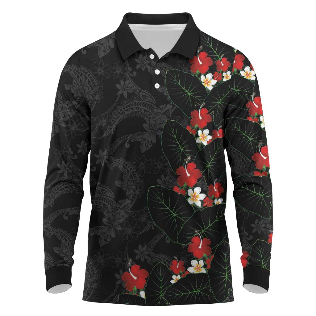 Hawaiian Taro Leaves-Hibiscus and Plumeria Long Sleeve Polo Shirt Floral Tribal Tattoo Motif