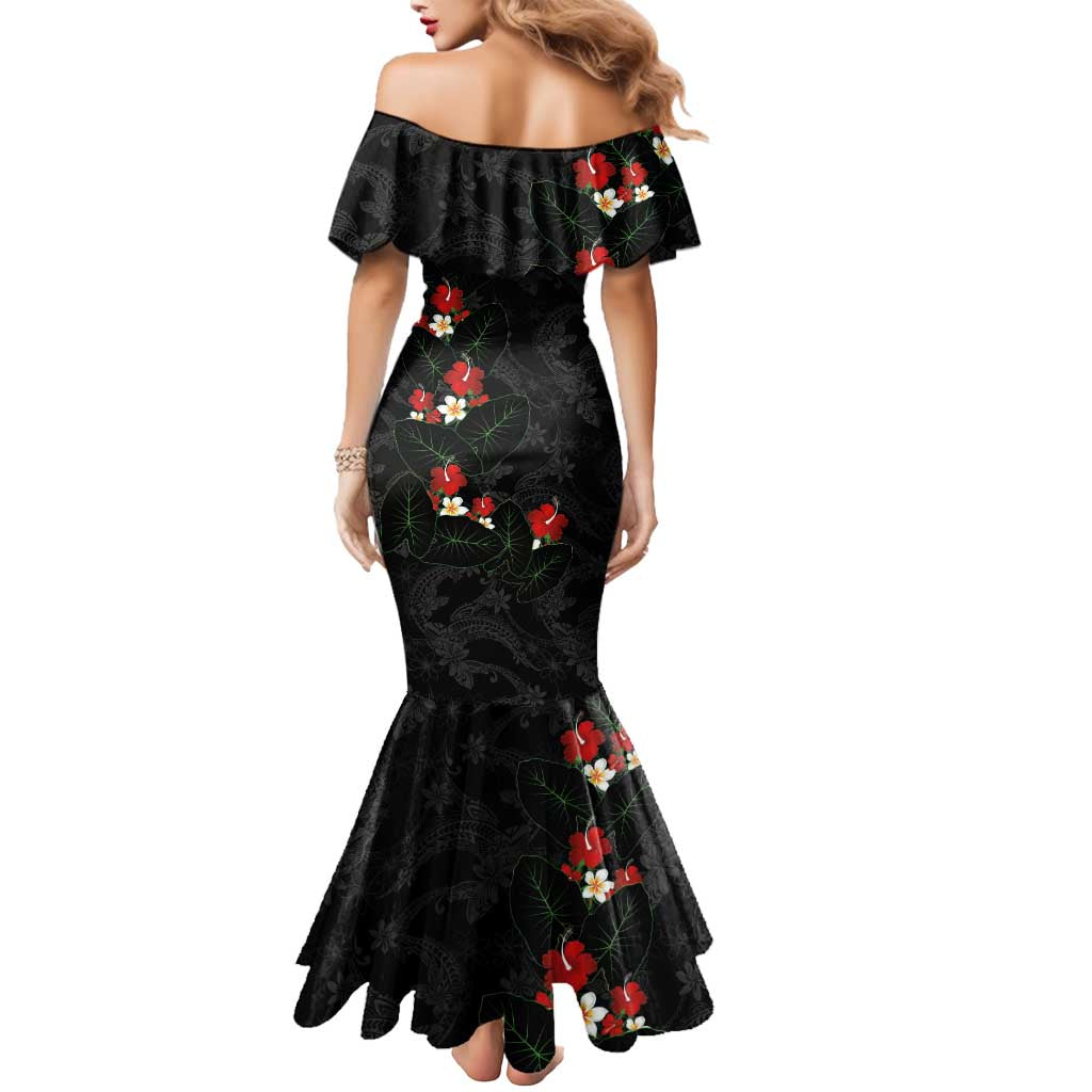 Hawaiian Taro Leaves-Hibiscus and Plumeria Mermaid Dress Floral Tribal Tattoo Motif
