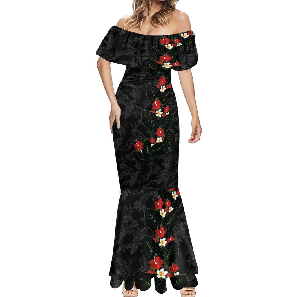 Hawaiian Taro Leaves-Hibiscus and Plumeria Mermaid Dress Floral Tribal Tattoo Motif