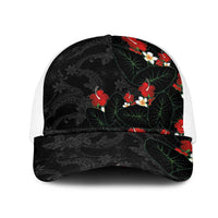 Hawaiian Taro Leaves-Hibiscus and Plumeria Mesh Trucker Cap Floral Tribal Tattoo Motif
