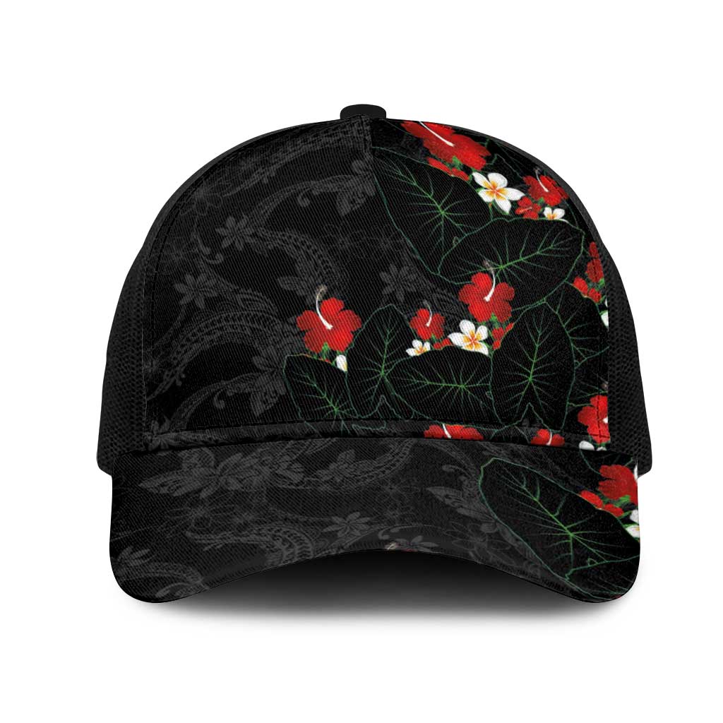 Hawaiian Taro Leaves-Hibiscus and Plumeria Mesh Trucker Cap Floral Tribal Tattoo Motif