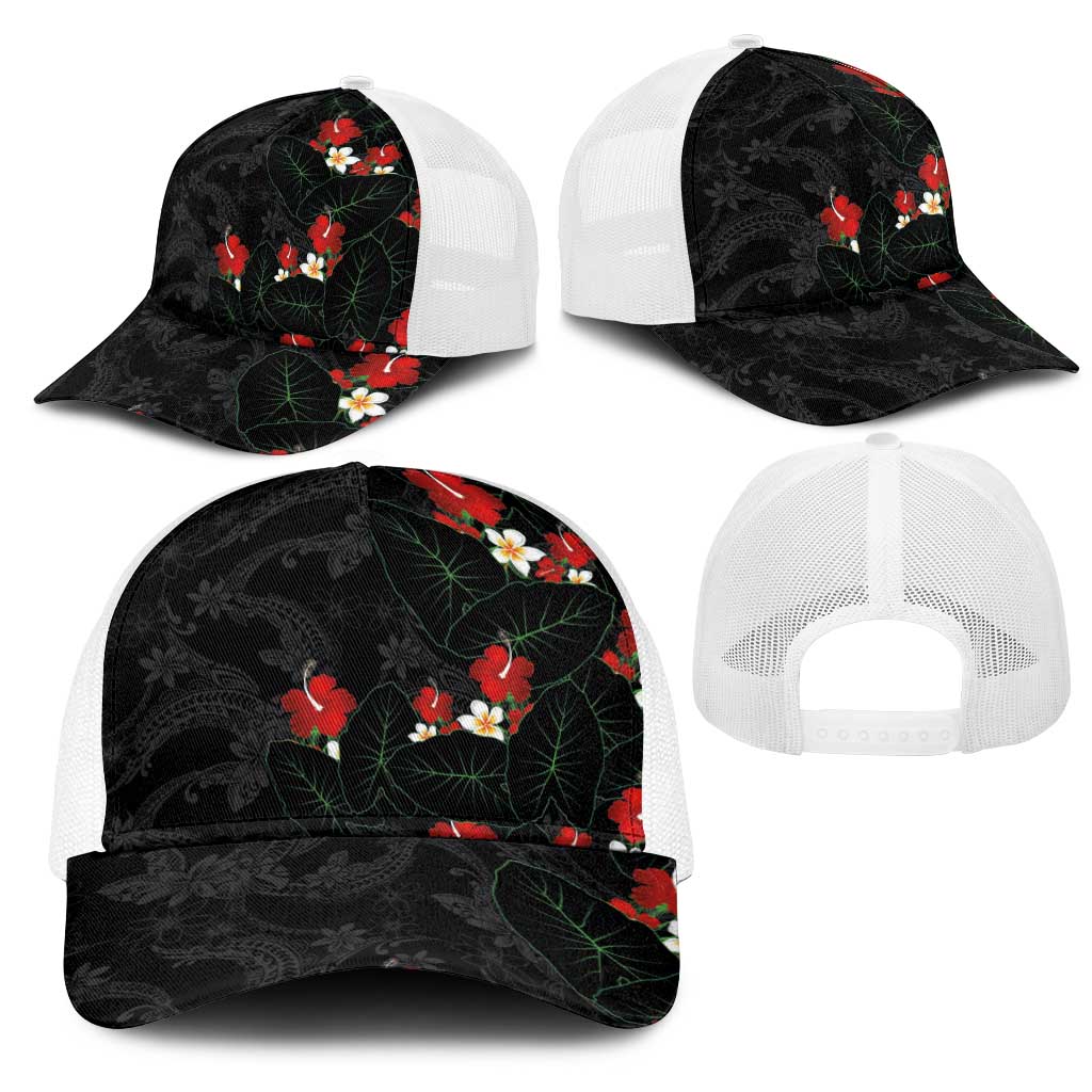 Hawaiian Taro Leaves-Hibiscus and Plumeria Mesh Trucker Cap Floral Tribal Tattoo Motif