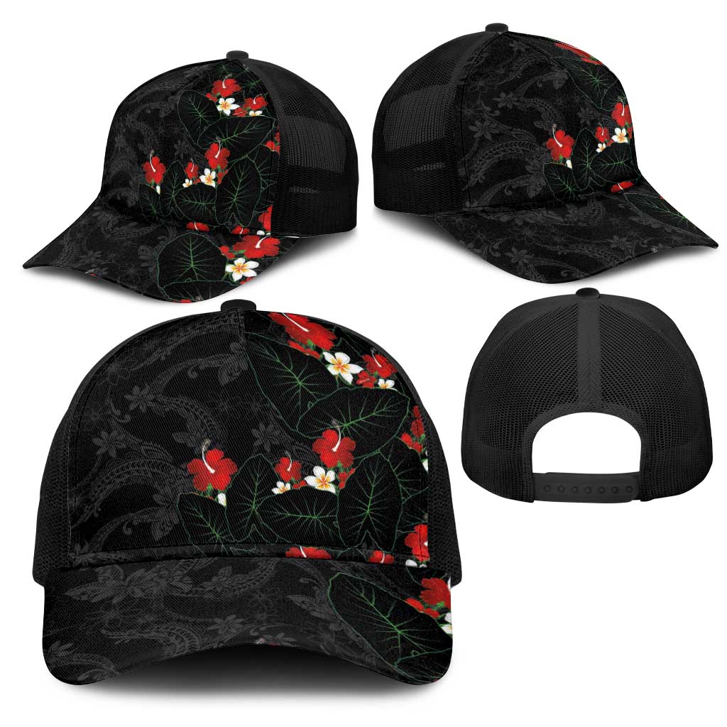 Hawaiian Taro Leaves-Hibiscus and Plumeria Mesh Trucker Cap Floral Tribal Tattoo Motif