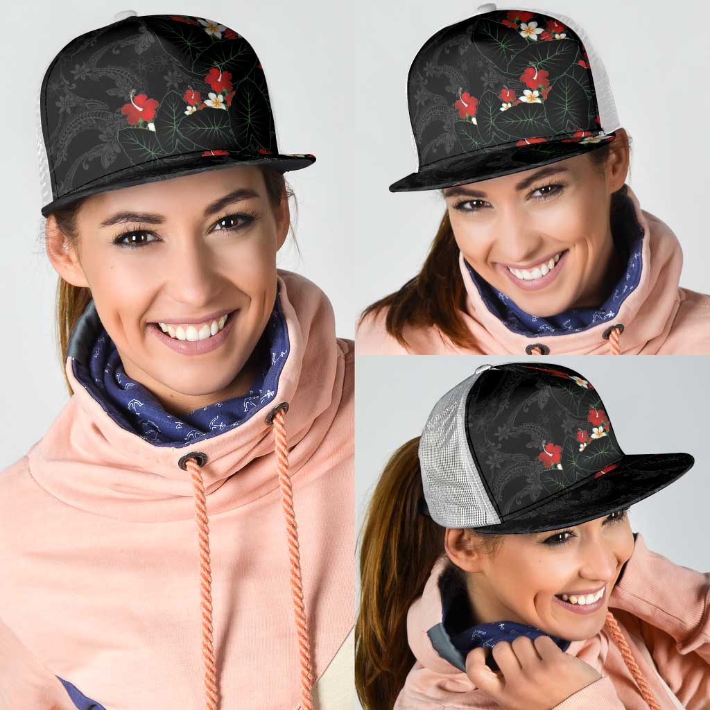Hawaiian Taro Leaves-Hibiscus and Plumeria Mesh Trucker Cap Floral Tribal Tattoo Motif
