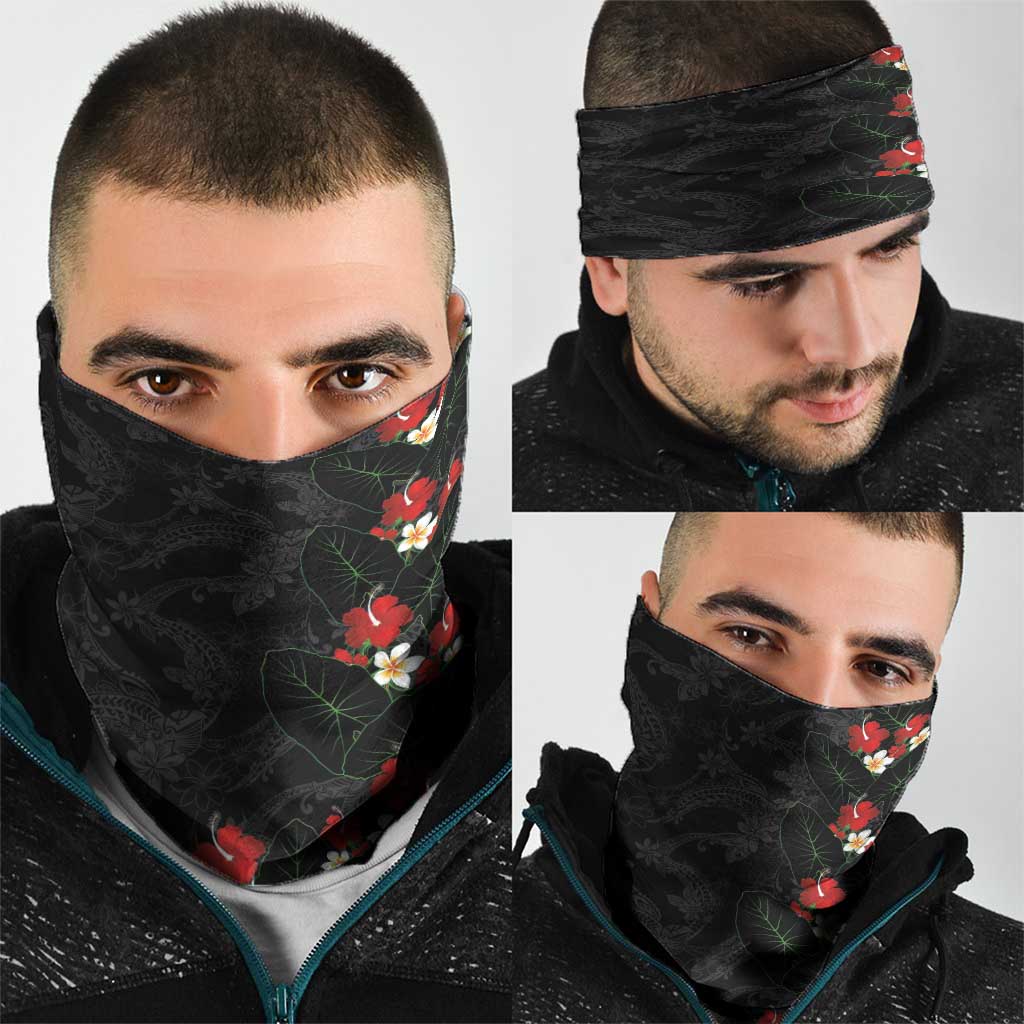 Hawaiian Taro Leaves-Hibiscus and Plumeria Neck Gaiter Floral Tribal Tattoo Motif