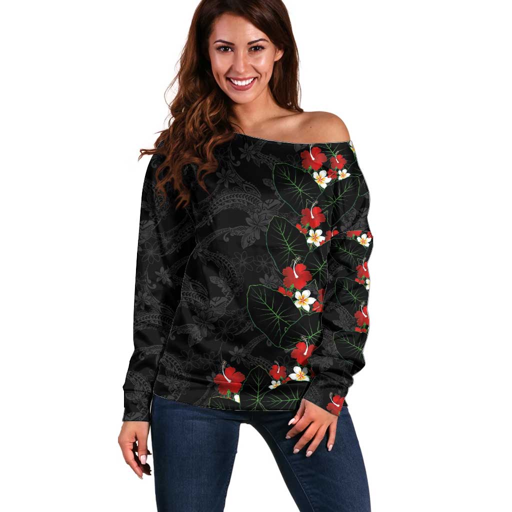 Hawaiian Taro Leaves-Hibiscus and Plumeria Off Shoulder Sweater Floral Tribal Tattoo Motif