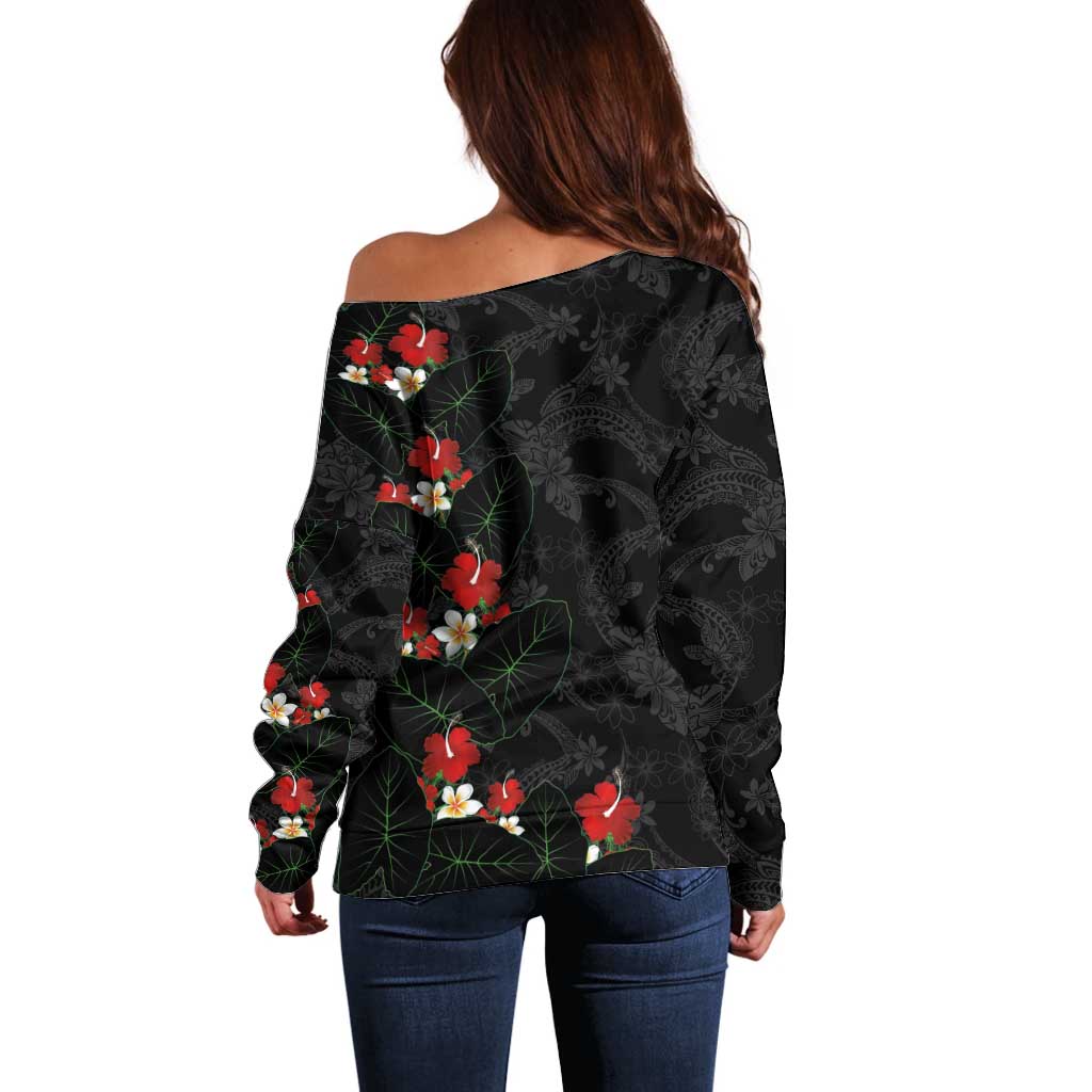 Hawaiian Taro Leaves-Hibiscus and Plumeria Off Shoulder Sweater Floral Tribal Tattoo Motif