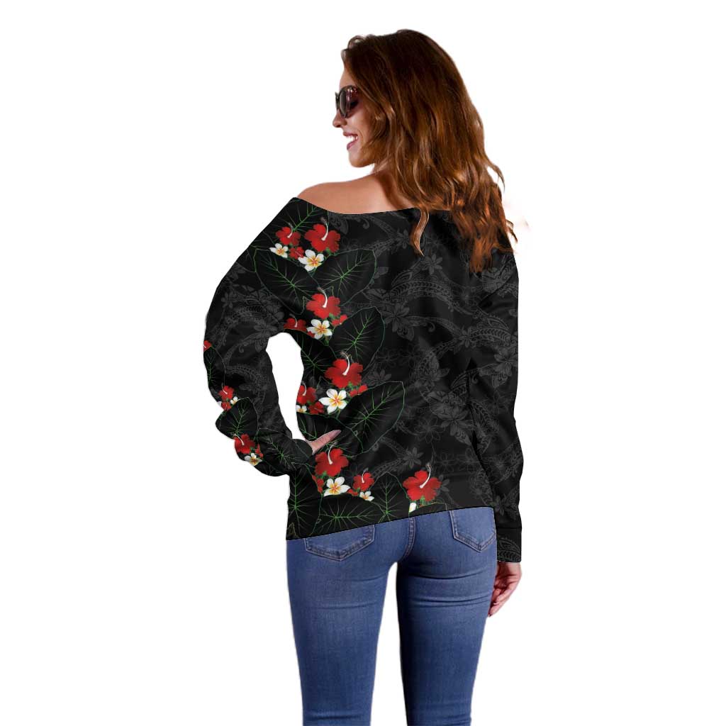 Hawaiian Taro Leaves-Hibiscus and Plumeria Off Shoulder Sweater Floral Tribal Tattoo Motif