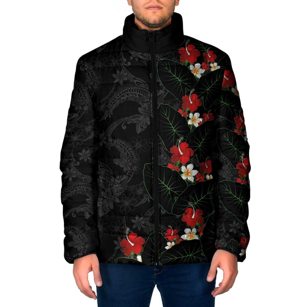 Hawaiian Taro Leaves-Hibiscus and Plumeria Padded Jacket Floral Tribal Tattoo Motif