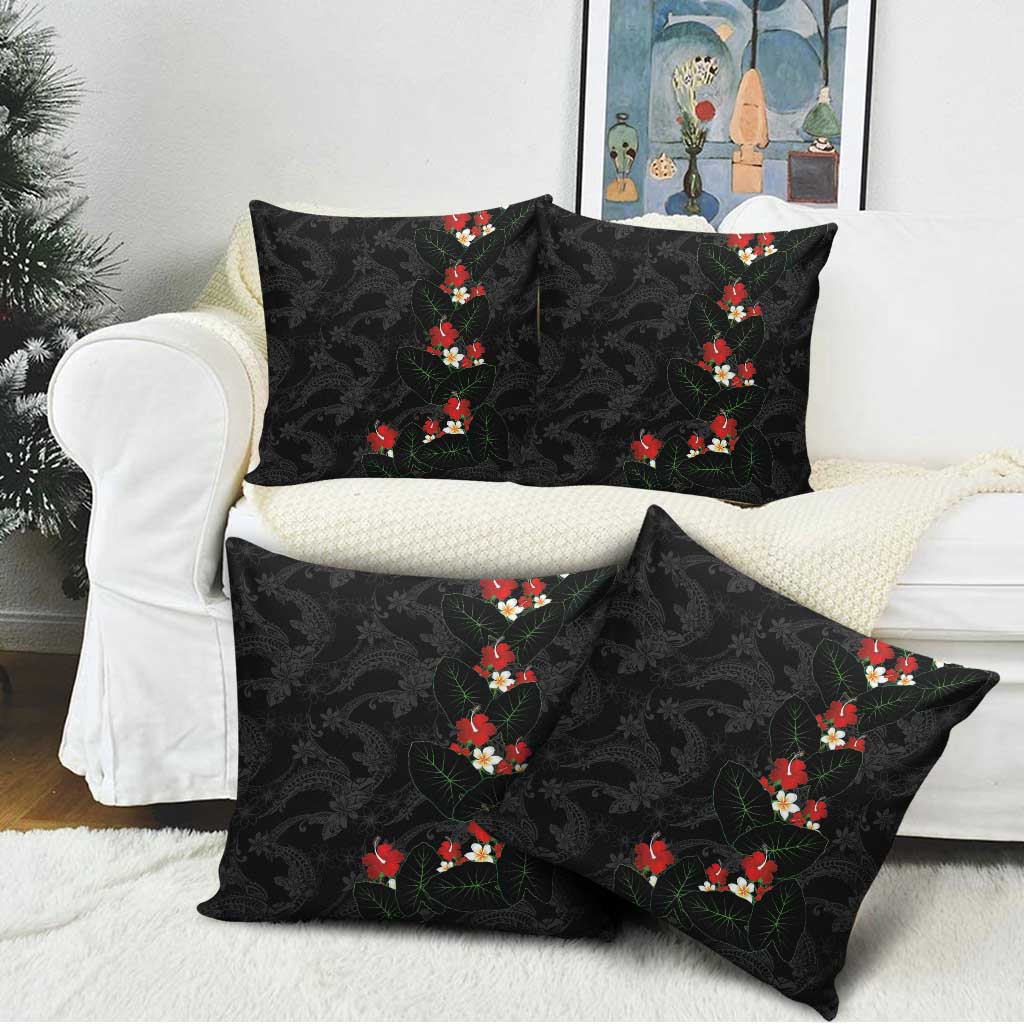 Hawaiian Taro Leaves-Hibiscus and Plumeria Pillow Cover Floral Tribal Tattoo Motif