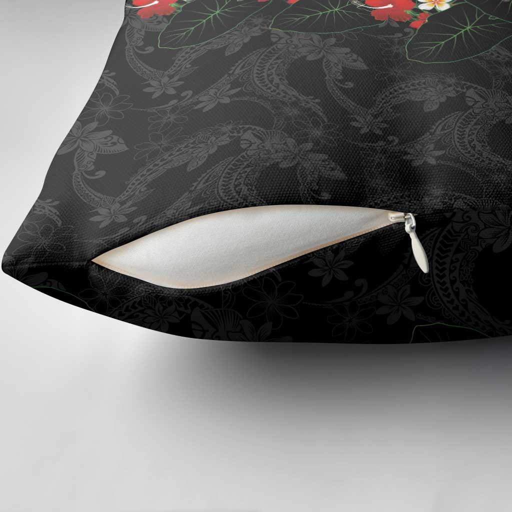 Hawaiian Taro Leaves-Hibiscus and Plumeria Pillow Cover Floral Tribal Tattoo Motif
