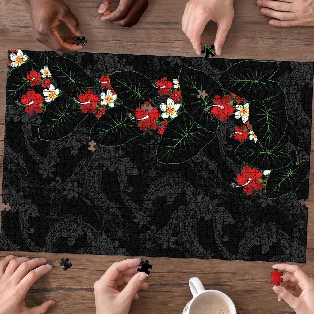 Hawaiian Taro Leaves-Hibiscus and Plumeria Puzzle Floral Tribal Tattoo Motif