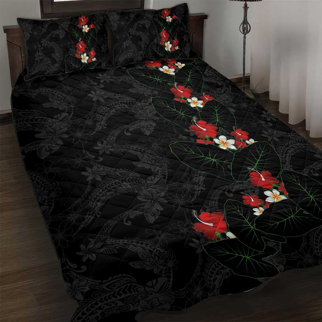Hawaiian Taro Leaves-Hibiscus and Plumeria Quilt Bed Set Floral Tribal Tattoo Motif