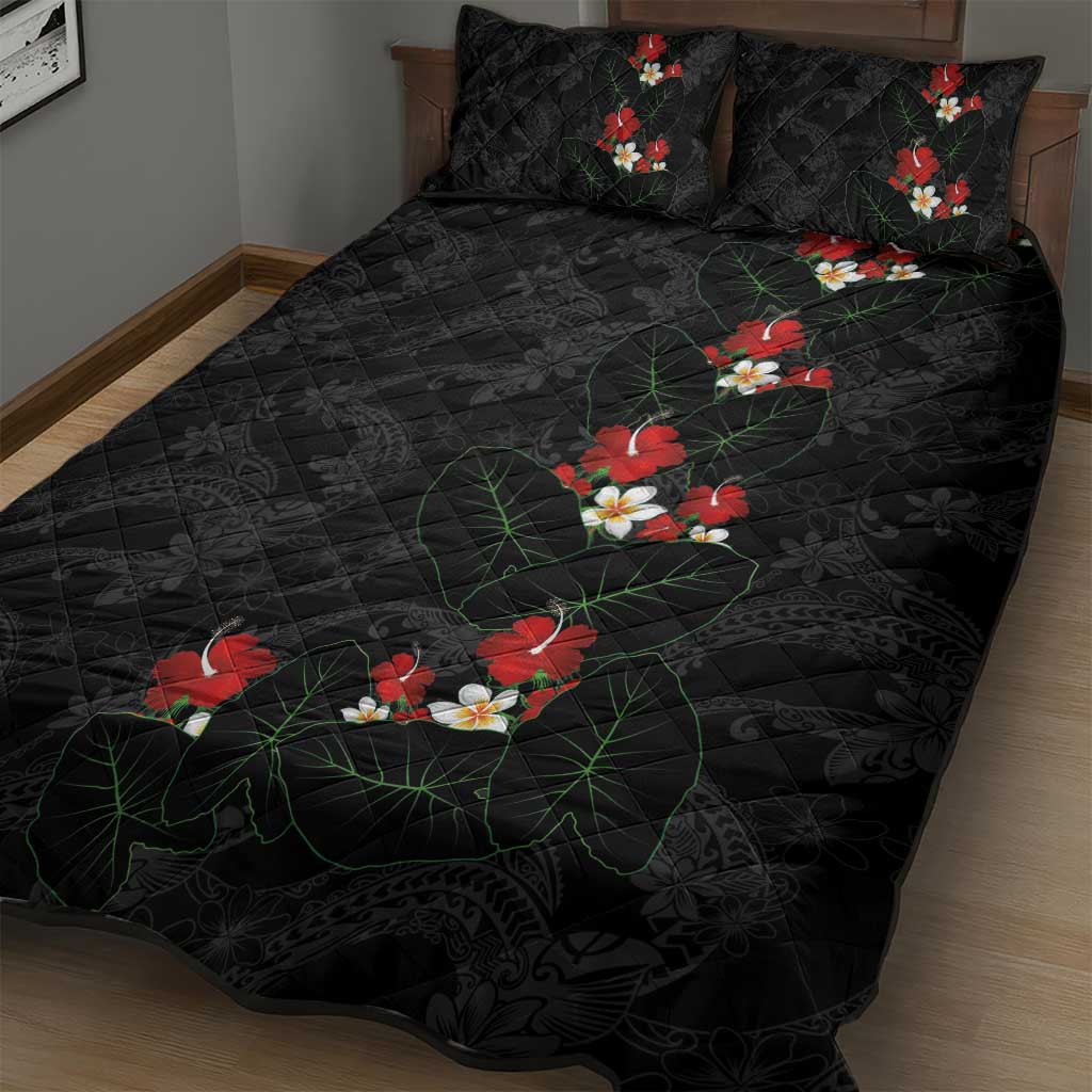 Hawaiian Taro Leaves-Hibiscus and Plumeria Quilt Bed Set Floral Tribal Tattoo Motif