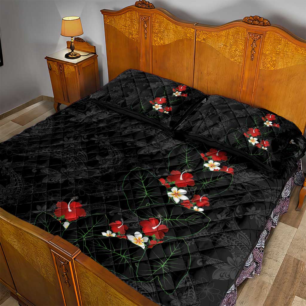 Hawaiian Taro Leaves-Hibiscus and Plumeria Quilt Bed Set Floral Tribal Tattoo Motif