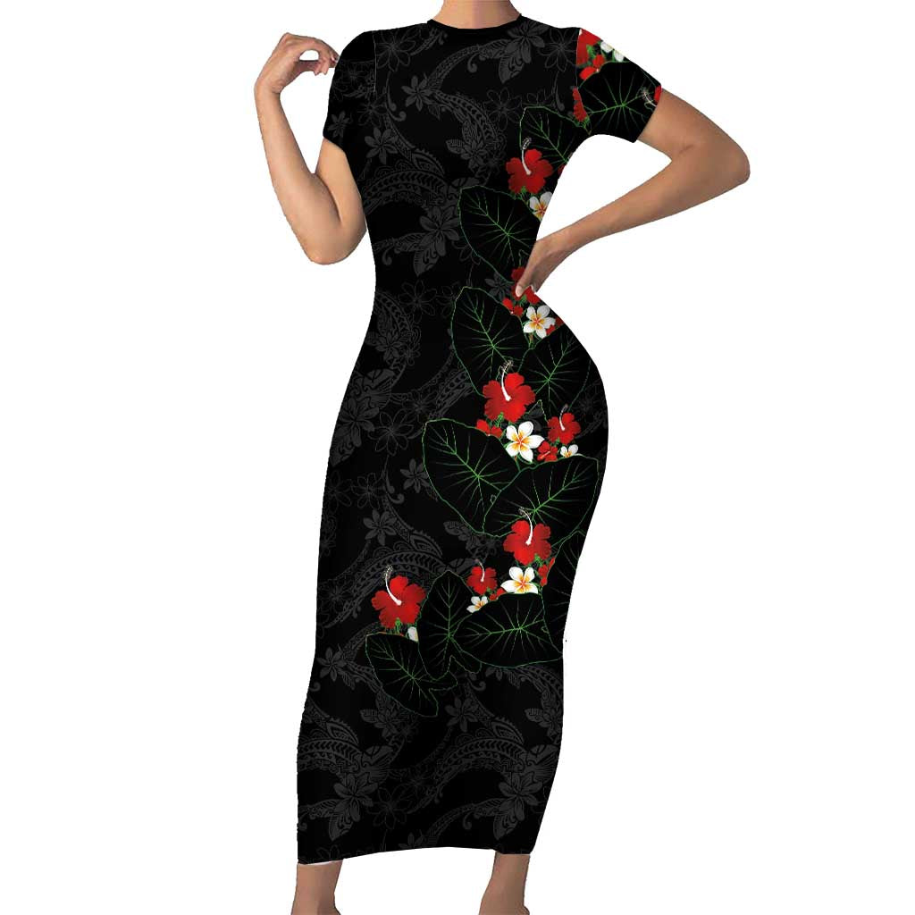 Hawaiian Taro Leaves-Hibiscus and Plumeria Short Sleeve Bodycon Dress Floral Tribal Tattoo Motif