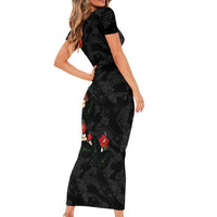 Hawaiian Taro Leaves-Hibiscus and Plumeria Short Sleeve Bodycon Dress Floral Tribal Tattoo Motif