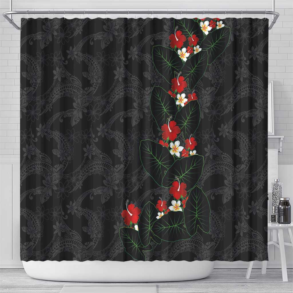 Hawaiian Taro Leaves-Hibiscus and Plumeria Shower Curtain Floral Tribal Tattoo Motif