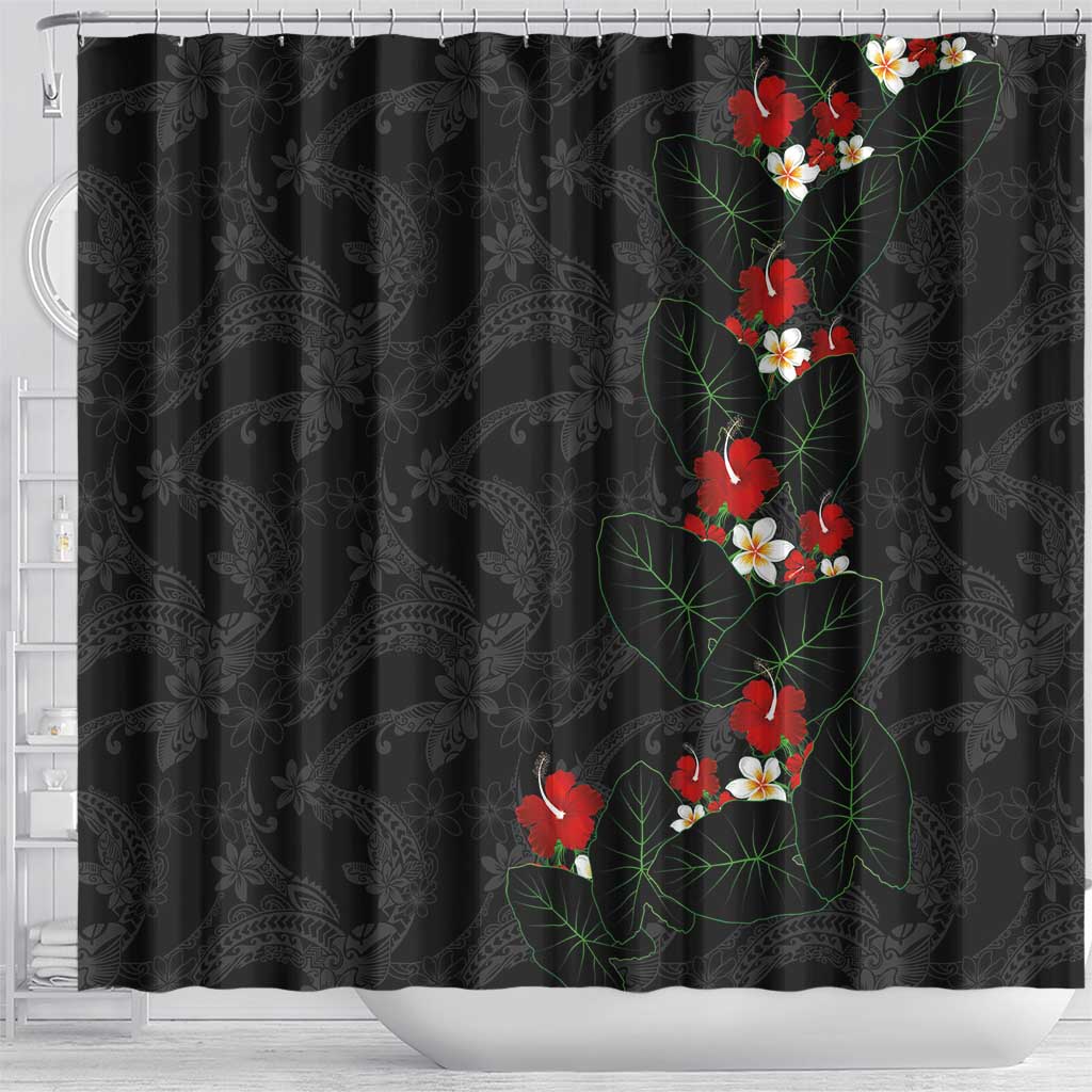Hawaiian Taro Leaves-Hibiscus and Plumeria Shower Curtain Floral Tribal Tattoo Motif