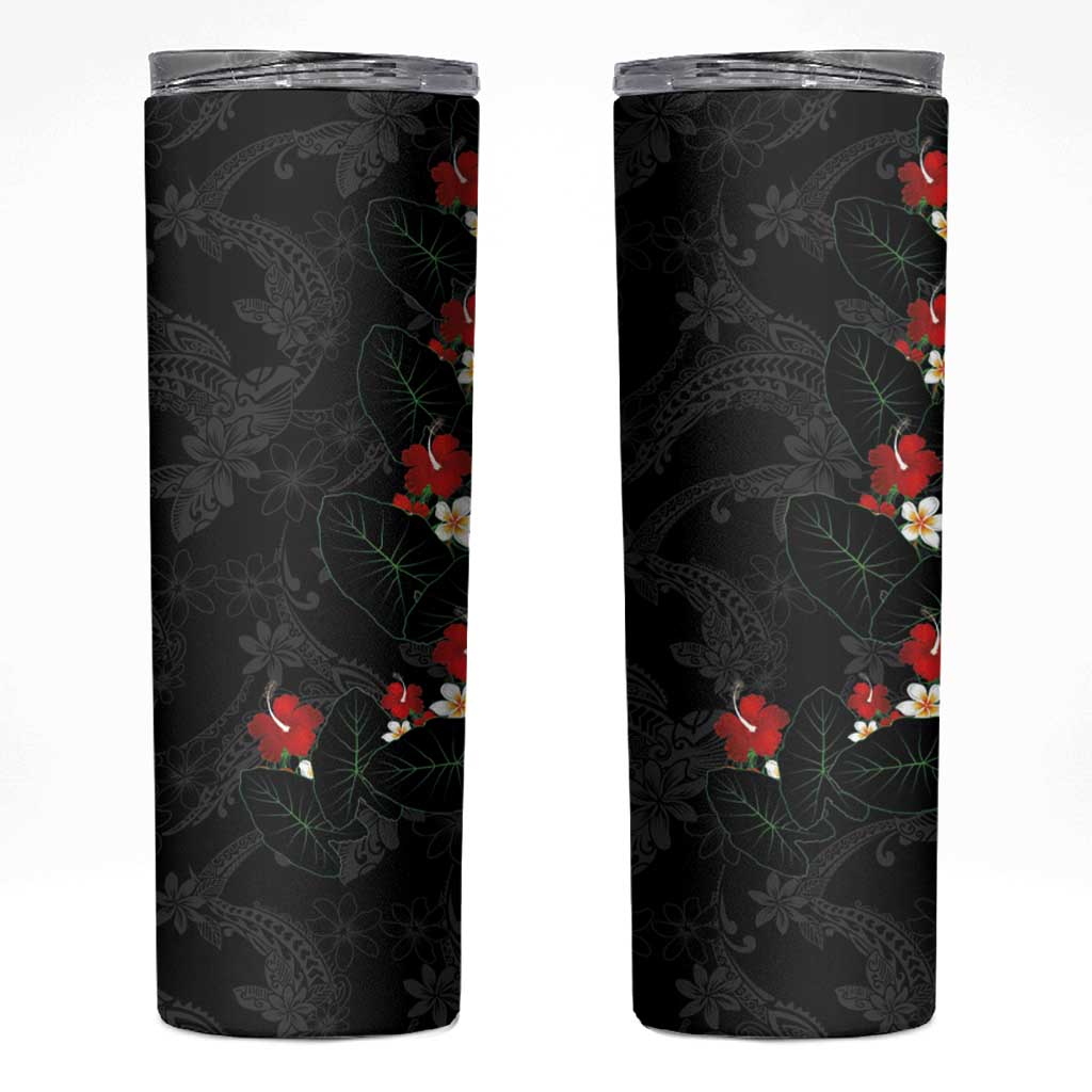 Hawaiian Taro Leaves-Hibiscus and Plumeria Skinny Tumbler Floral Tribal Tattoo Motif