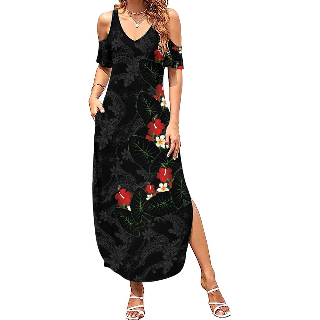 Hawaiian Taro Leaves-Hibiscus and Plumeria Summer Maxi Dress Floral Tribal Tattoo Motif