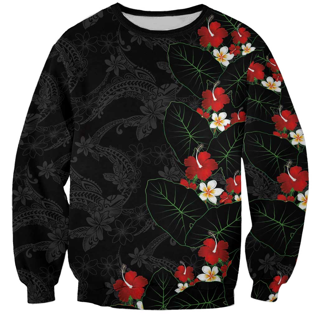Hawaiian Taro Leaves-Hibiscus and Plumeria Sweatshirt Floral Tribal Tattoo Motif