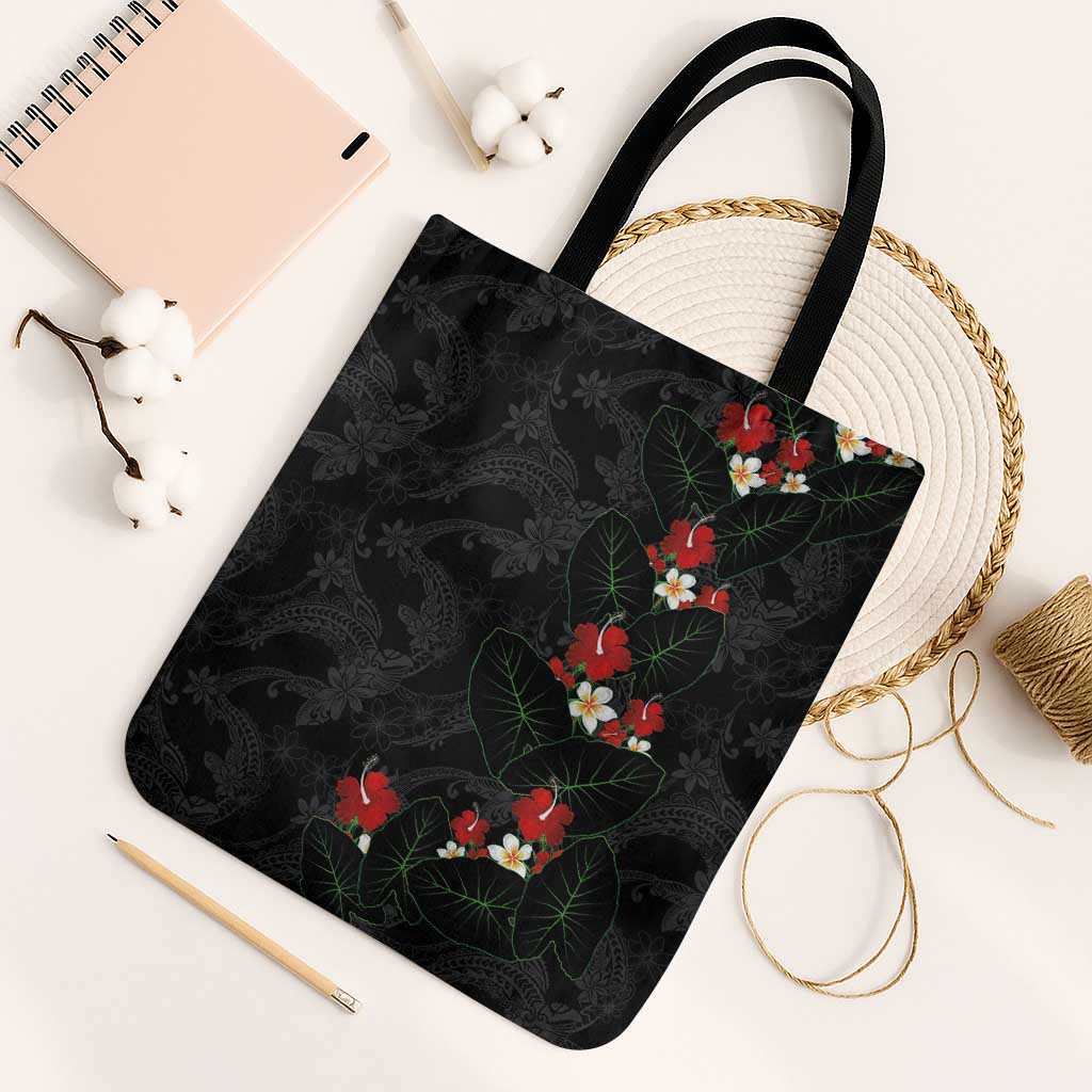 Hawaiian Taro Leaves-Hibiscus and Plumeria Tote Bag Floral Tribal Tattoo Motif