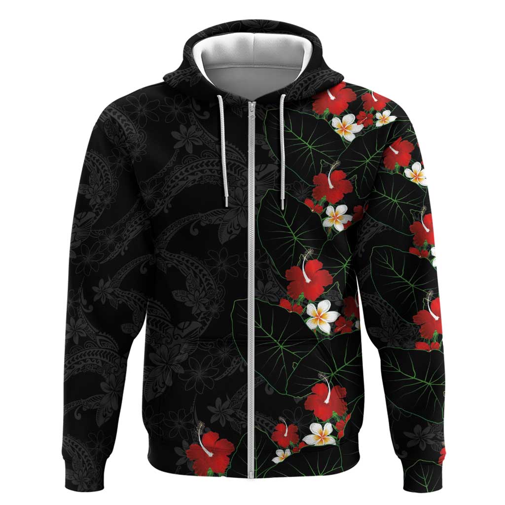 Hawaiian Taro Leaves-Hibiscus and Plumeria Zip Hoodie Floral Tribal Tattoo Motif LT03 Zip Hoodie Black - Polynesian Pride