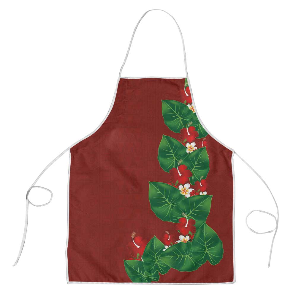 Hawaiian Taro Leaves-Hibiscus and Plumeria Apron Polynesian Art-Kakau Tattoo Red