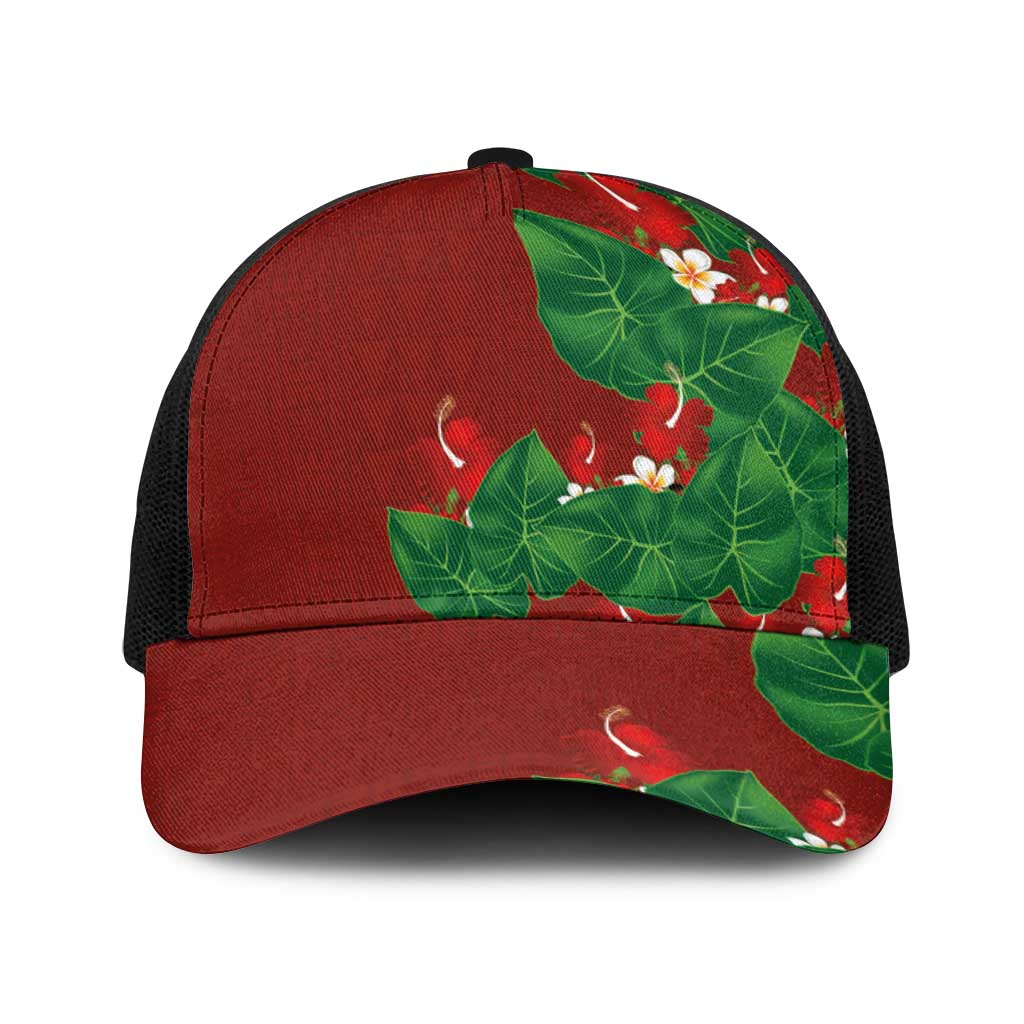 Hawaiian Taro Leaves-Hibiscus and Plumeria Baseball Net Cap Polynesian Art-Kakau Tattoo Red LT03 One Size Black Red - Polynesian Pride