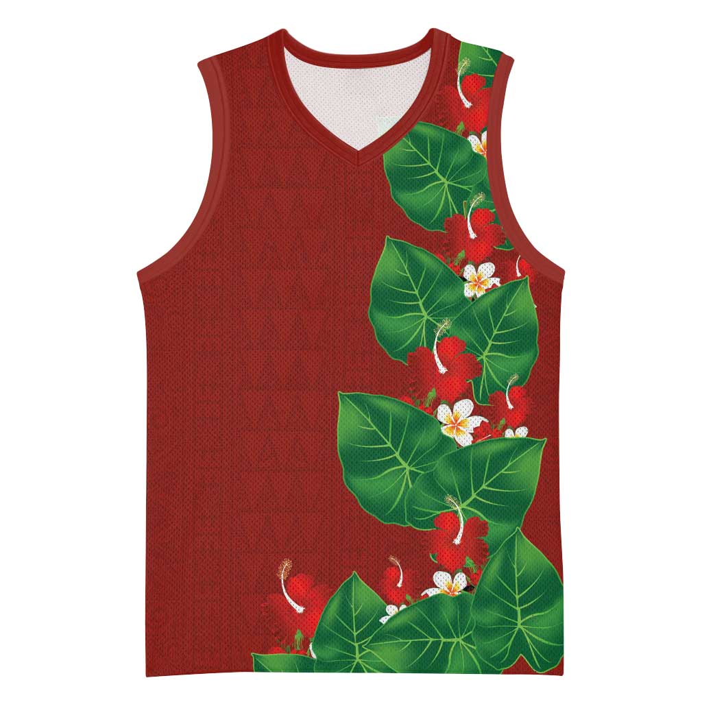Hawaiian Taro Leaves-Hibiscus and Plumeria Basketball Jersey Polynesian Art-Kakau Tattoo Red LT03 Unisex Red - Polynesian Pride