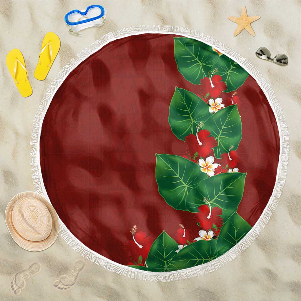 Hawaiian Taro Leaves-Hibiscus and Plumeria Beach Blanket Polynesian Art-Kakau Tattoo Red