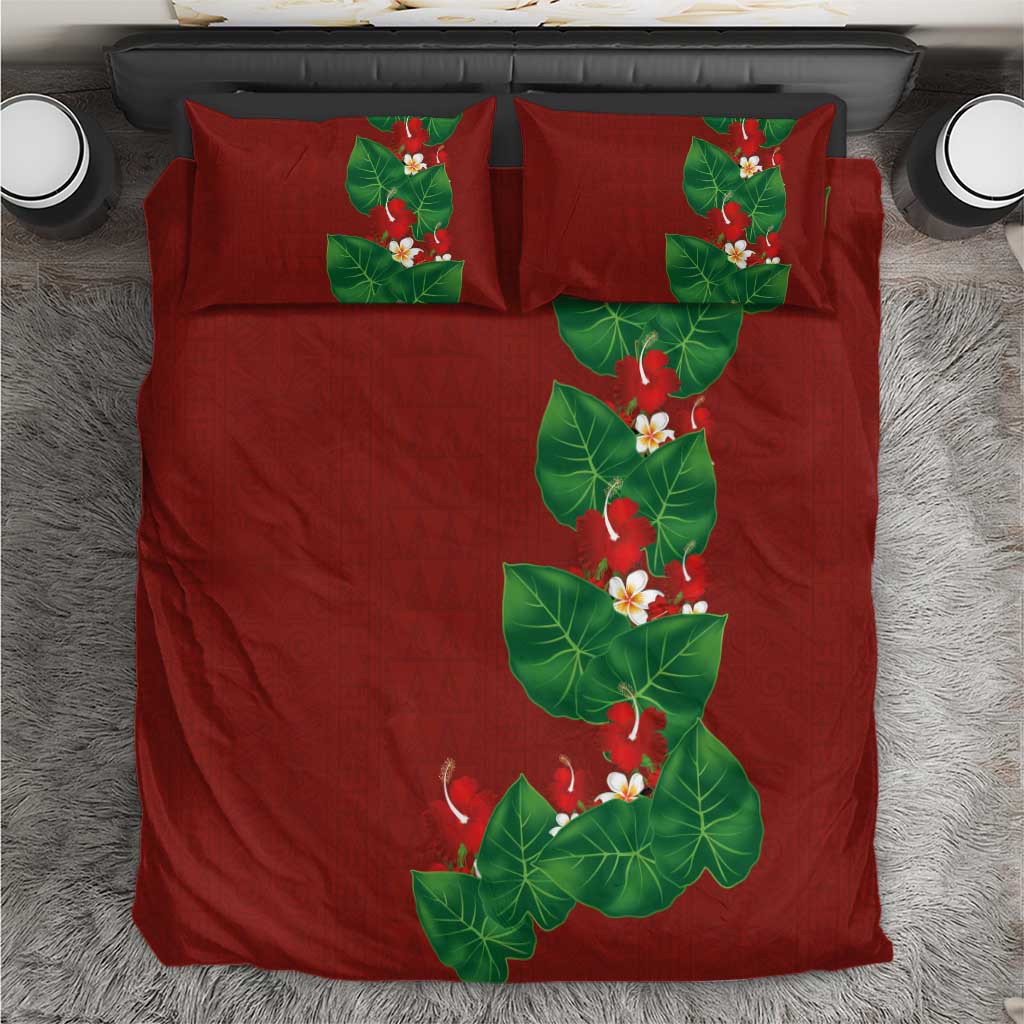 Hawaiian Taro Leaves-Hibiscus and Plumeria Bedding Set Polynesian Art-Kakau Tattoo Red