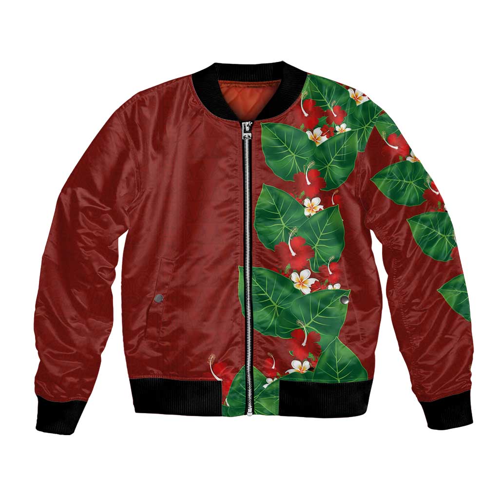 Hawaiian Taro Leaves-Hibiscus and Plumeria Bomber Jacket Polynesian Art-Kakau Tattoo Red LT03 Unisex Red - Polynesian Pride