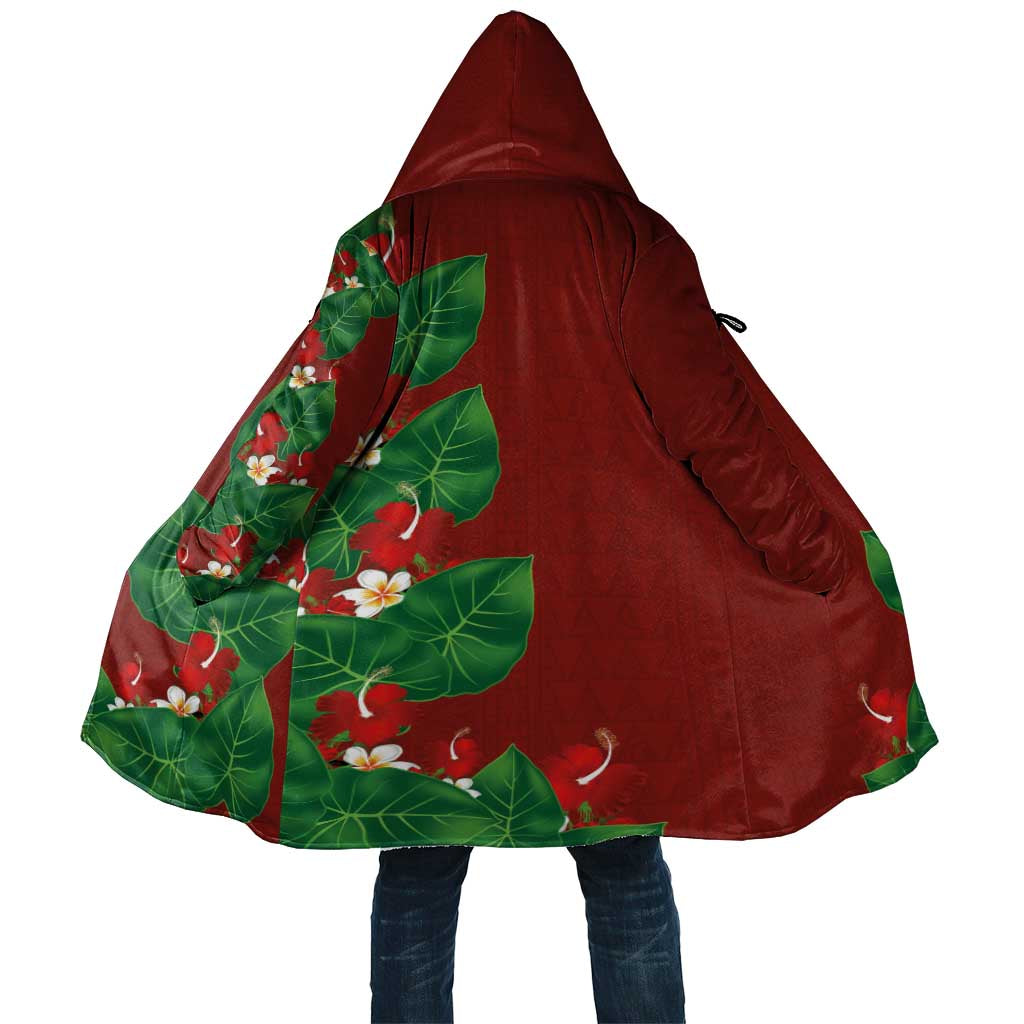 Hawaiian Taro Leaves-Hibiscus and Plumeria Cloak Polynesian Art-Kakau Tattoo Red LT03 Unisex Red - Polynesian Pride