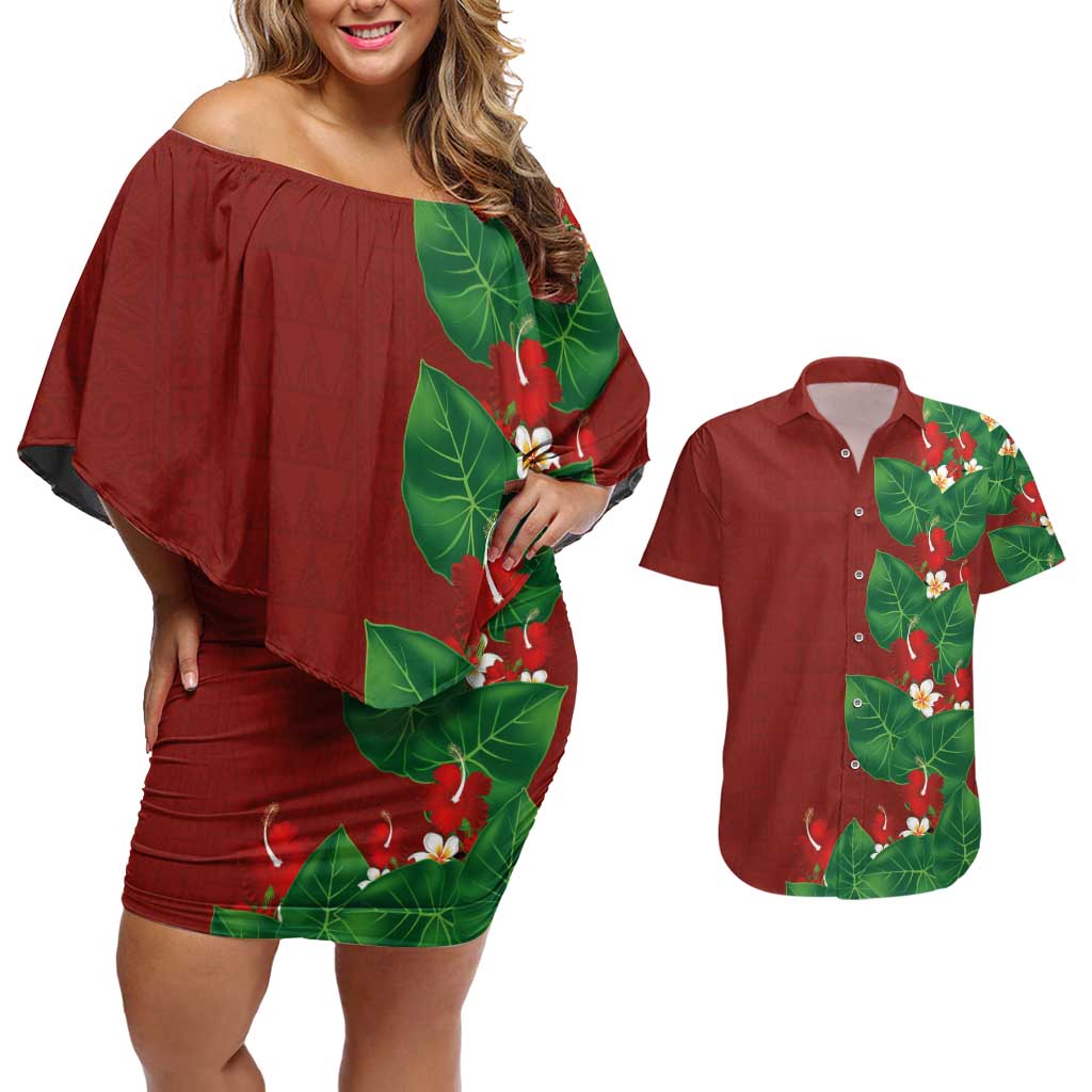 Hawaiian Taro Leaves-Hibiscus and Plumeria Couples Matching Off Shoulder Short Dress and Hawaiian Shirt Polynesian Art-Kakau Tattoo Red LT03 Red - Polynesian Pride