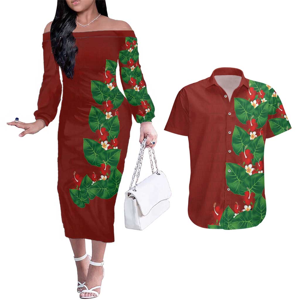 Hawaiian Taro Leaves-Hibiscus and Plumeria Couples Matching Off The Shoulder Long Sleeve Dress and Hawaiian Shirt Polynesian Art-Kakau Tattoo Red