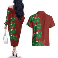 Hawaiian Taro Leaves-Hibiscus and Plumeria Couples Matching Off The Shoulder Long Sleeve Dress and Hawaiian Shirt Polynesian Art-Kakau Tattoo Red