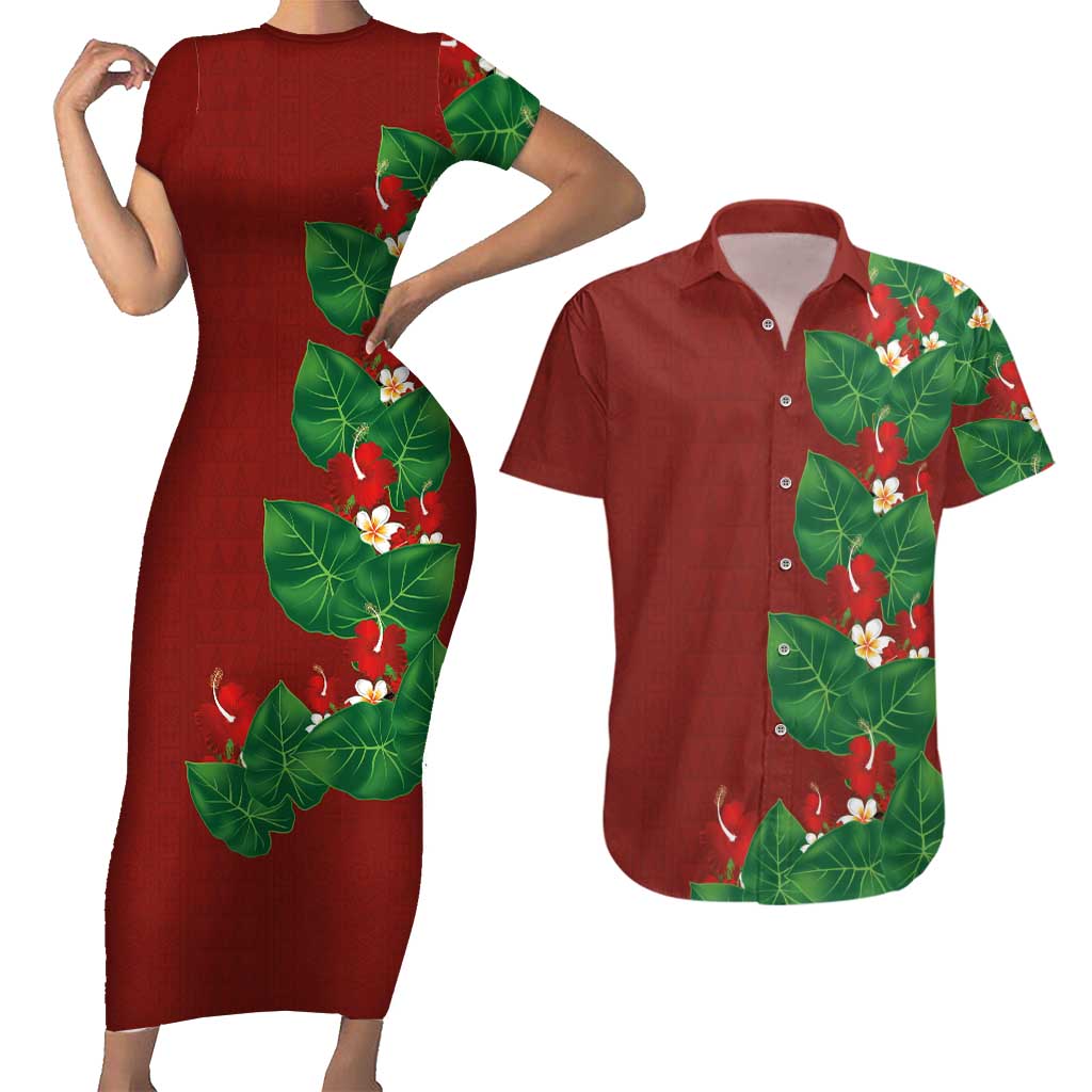 Hawaiian Taro Leaves-Hibiscus and Plumeria Couples Matching Short Sleeve Bodycon Dress and Hawaiian Shirt Polynesian Art-Kakau Tattoo Red