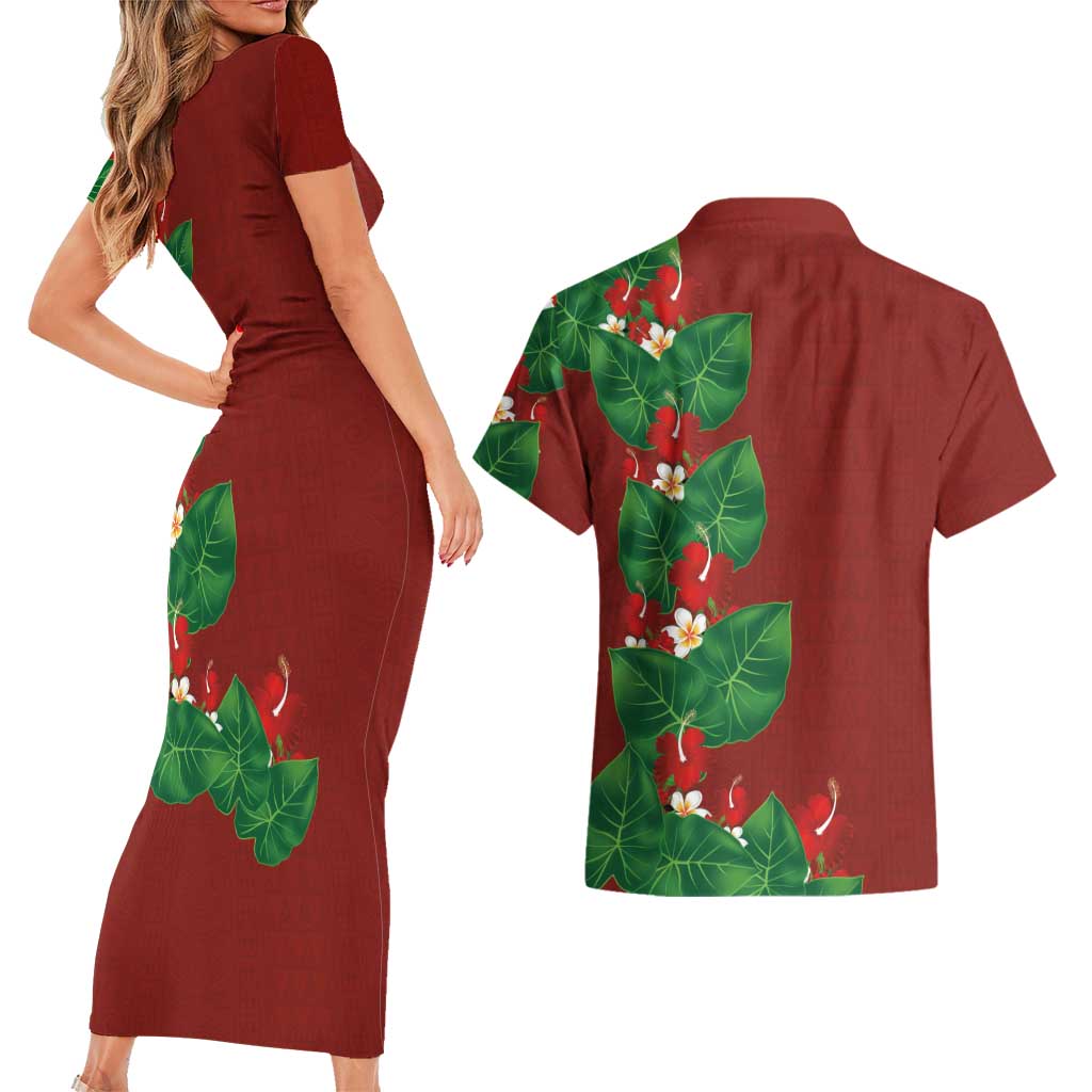 Hawaiian Taro Leaves-Hibiscus and Plumeria Couples Matching Short Sleeve Bodycon Dress and Hawaiian Shirt Polynesian Art-Kakau Tattoo Red