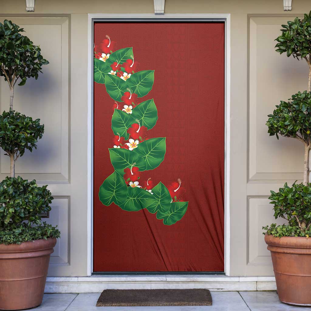 Hawaiian Taro Leaves-Hibiscus and Plumeria Door Cover Polynesian Art-Kakau Tattoo Red